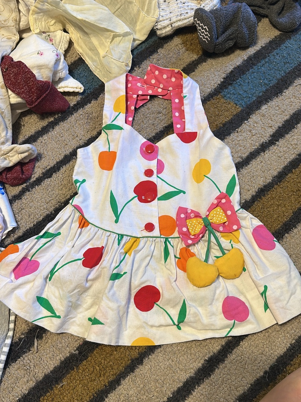 Girls Cherry Print Halter Dress with Bow Accent